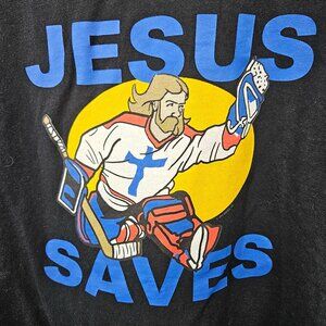 Jesus Saves Hockey Goalie Men T-Shirt M Black Graphic Gildan Cotton Short Sleeve